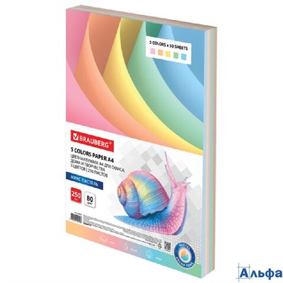 Бумага цветная 5 цветов А4 80 г/м2 250 л. пастель для офисной техники 112463 Brauberg РА-00016567 - фото 142168
