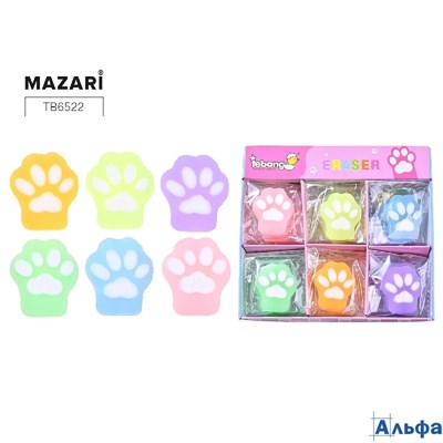 Ластик ПВХ Лапки 3,5х4х0,7см фигурный ассорти ТВ6522 Mazari РА-00021213 - фото 143091