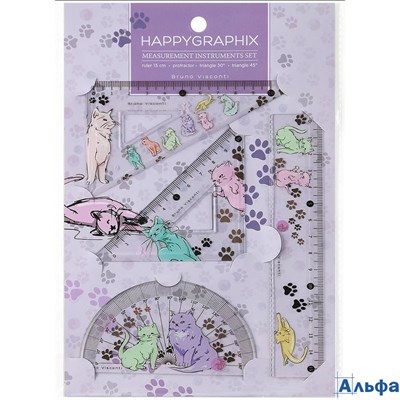 Набор геометрический 4 предмета HappyGraphix Котики транспортир + линейка + 2 треугольника 45-0017/0 РА-00019144