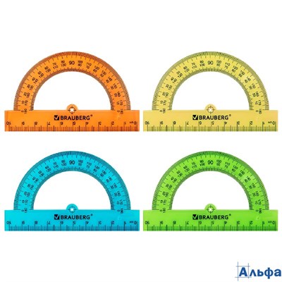 Транспортир пластиковый 10 см 180 градусов прозрачный неоновый Brauberg 210847 РА-00021820
