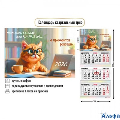 2026 Календарь 3-блочный Кот 300 х 690 9442 РА-00021903