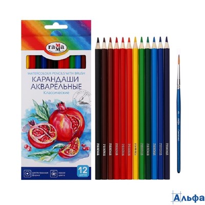 Карандаши цветные акварельные 12шт Классические 6-гранные заточенные с кисточкой картонная упаковка  РА-00021456