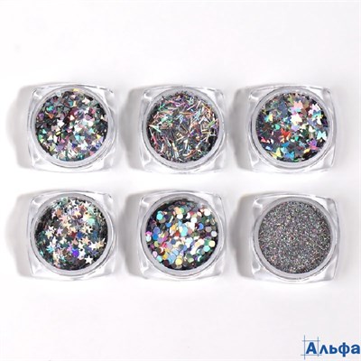 Набор для декора в пластиковом органайзере 6 баночек цвет серебристый 3539283 РА-00022039