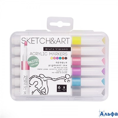 Маркеры акриловые в наборе 6 цветов Sketch&Art пастельн. 22-0128 Bruno Visconti РА-00022104