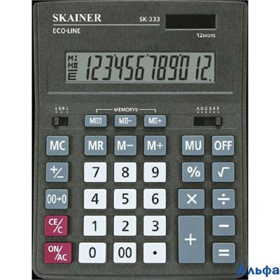 Калькулятор 12-разрядный 155х205х35мм черный, большой настольный, 2 питания, 2 памяти SK-333 Skainer РА-00022905