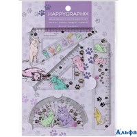 Набор геометрический 4 предмета HappyGraphix Котики транспортир + линейка + 2 треугольника 45-0017/0 РА-00019144