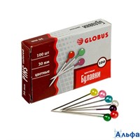 Булавка офисная одностержневая 100шт 30мм цветные головки БК30-100Ц Глобус РА000042548